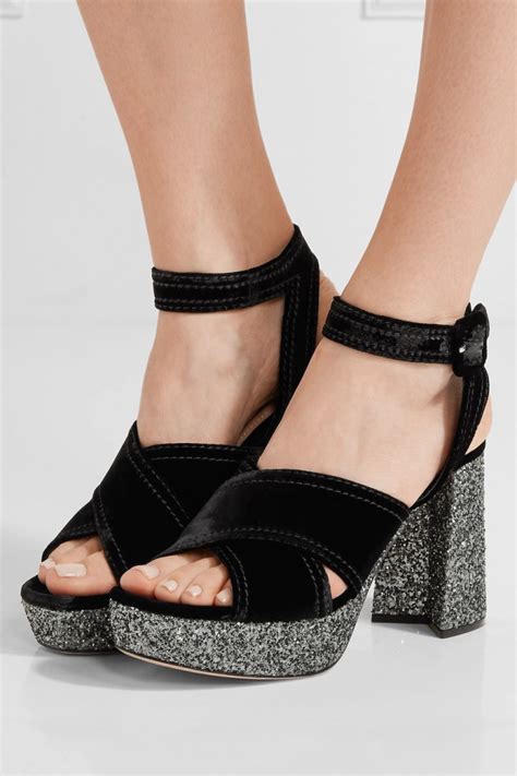 miu miu glitter-trimmed velvet platform sandals|MIU MIU Glitter.